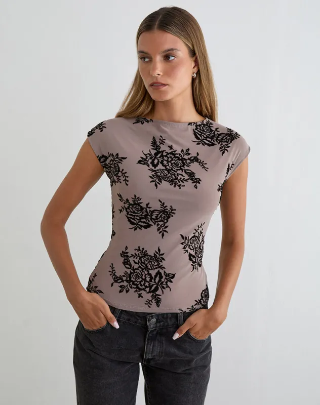 Nova Top in Taupe Grey with Bold Floral Flock sold by Motel Rocks