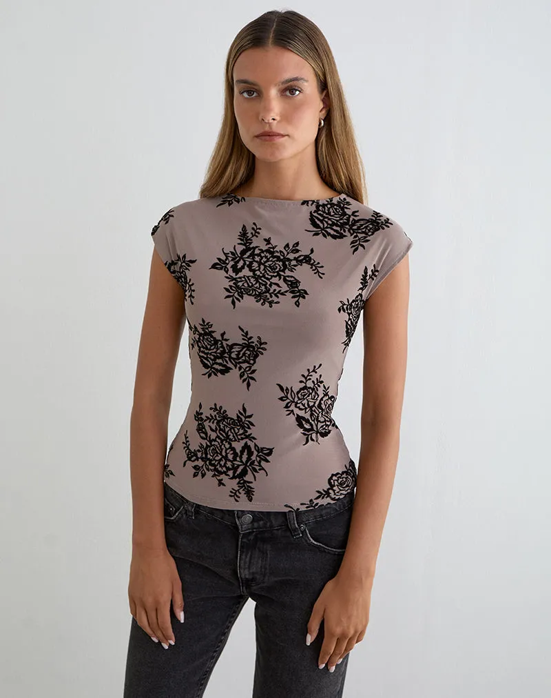 Nova Top in Taupe Grey with Bold Floral Flock sold by Motel Rocks product image thumbnail 5