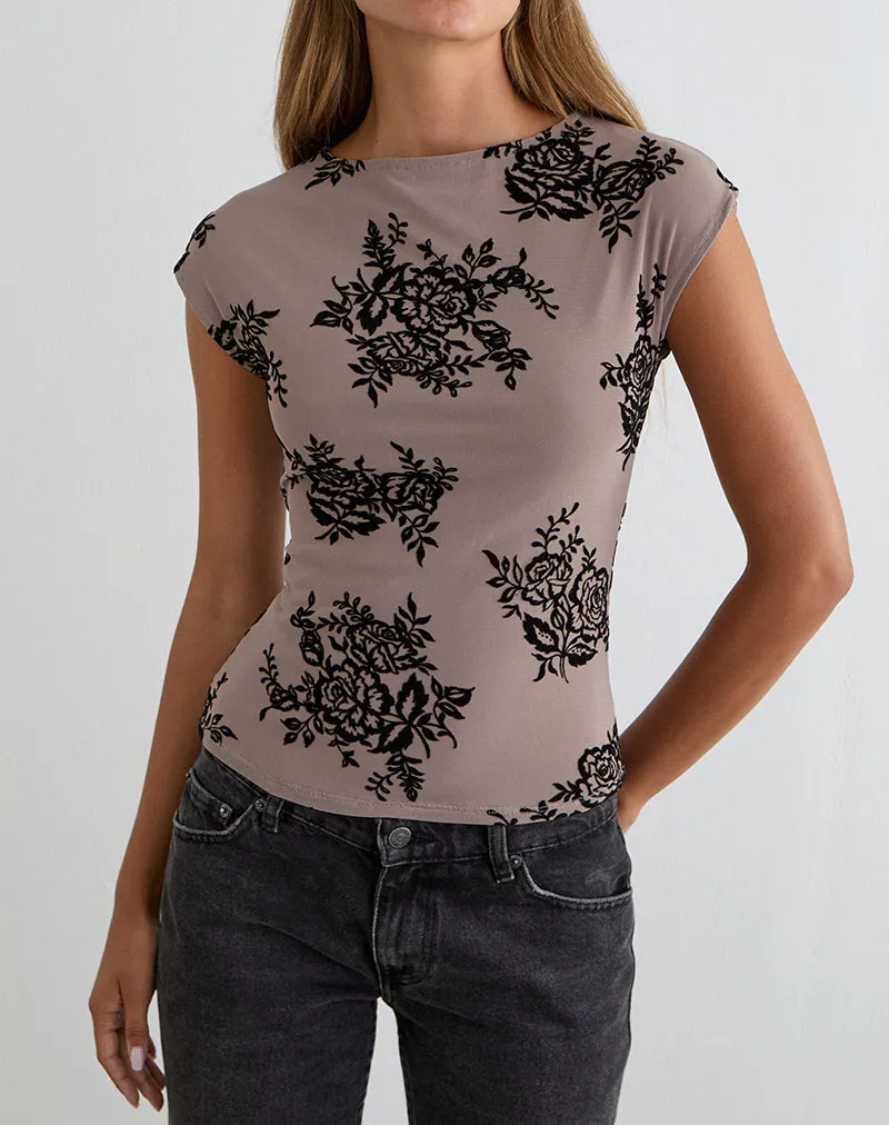Nova Top in Taupe Grey with Bold Floral Flock sold by Motel Rocks product image thumbnail 2
