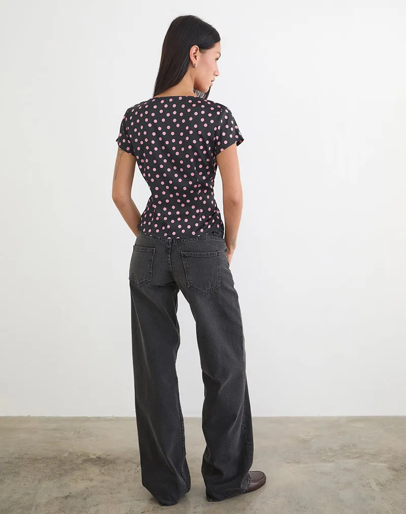 Asena Top in Black Satin Scattered with Pink Polka sold by Motel Rocks product image thumbnail 4