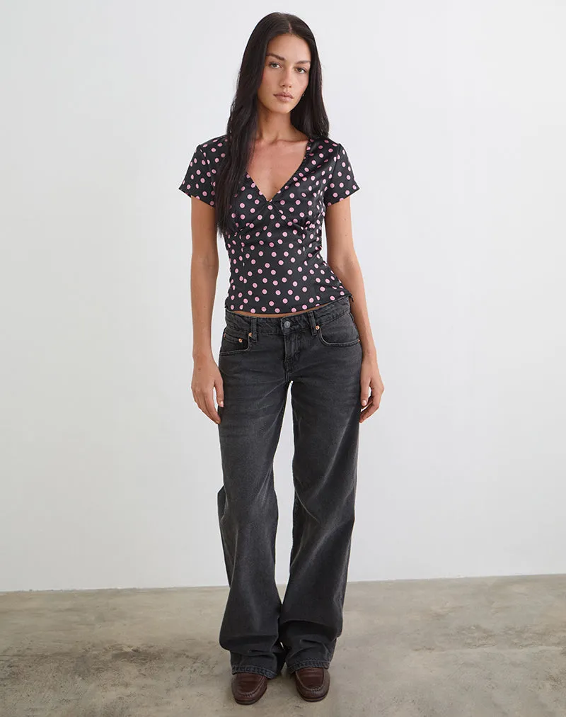Asena Top in Black Satin Scattered with Pink Polka sold by Motel Rocks product image thumbnail 3