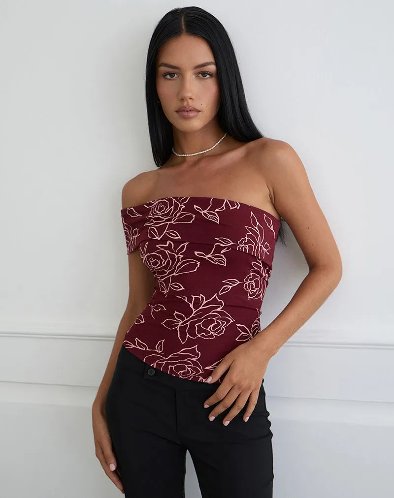 Marga One Shoulder Top in Outline Rose Maroon sold by Motel Rocks product image thumbnail 2
