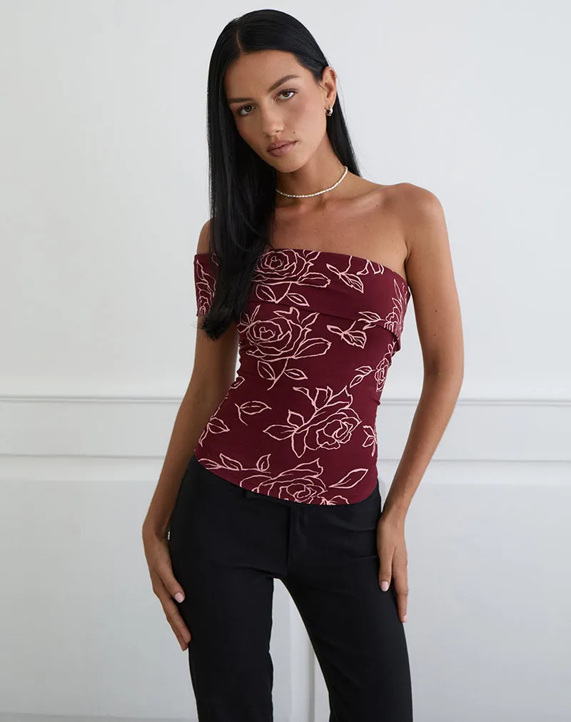 Marga One Shoulder Top in Outline Rose Maroon sold by Motel Rocks product image thumbnail 5