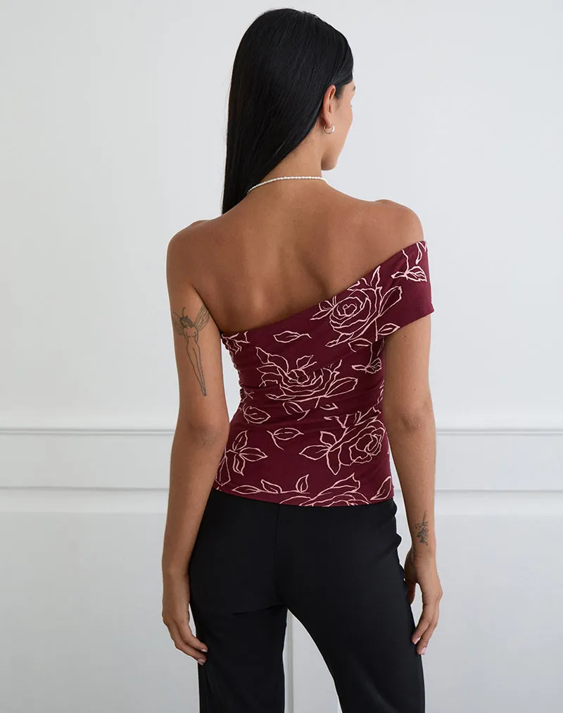 Marga One Shoulder Top in Outline Rose Maroon sold by Motel Rocks product image thumbnail 3
