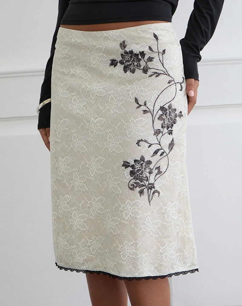 Laykha Midi Skirt in Ivory Lace with Black Vine Print sold by Motel Rocks product image thumbnail 2