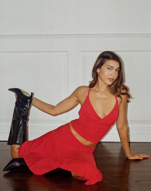 Lanthe Deep Plunge Top in Cupro Red made by Motel Rocks