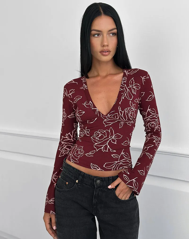 Emesy Long Sleeve Top in Outline Rose Marooon sold by Motel Rocks