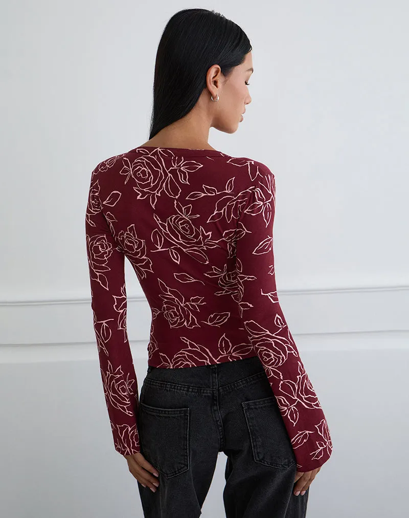 Emesy Long Sleeve Top in Outline Rose Marooon sold by Motel Rocks product image thumbnail 5