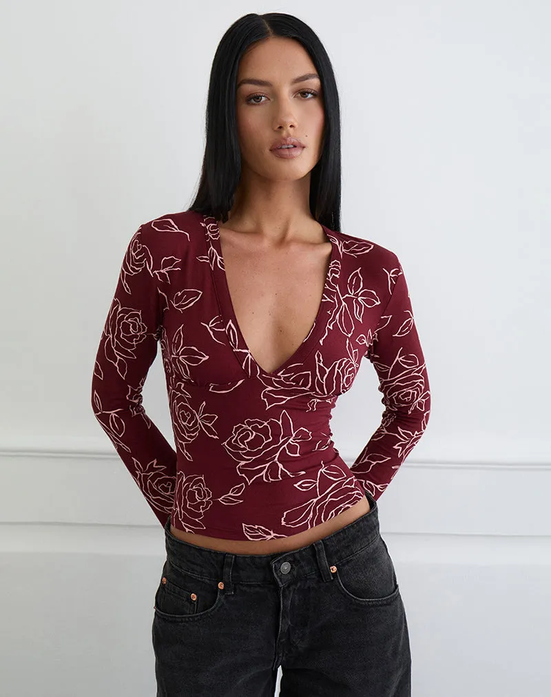 Emesy Long Sleeve Top in Outline Rose Marooon sold by Motel Rocks product image thumbnail 4