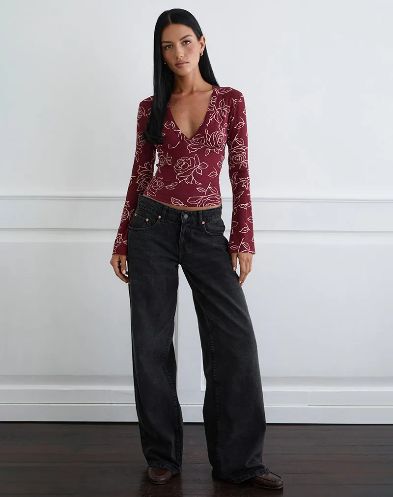 Emesy Long Sleeve Top in Outline Rose Marooon sold by Motel Rocks product image thumbnail 3