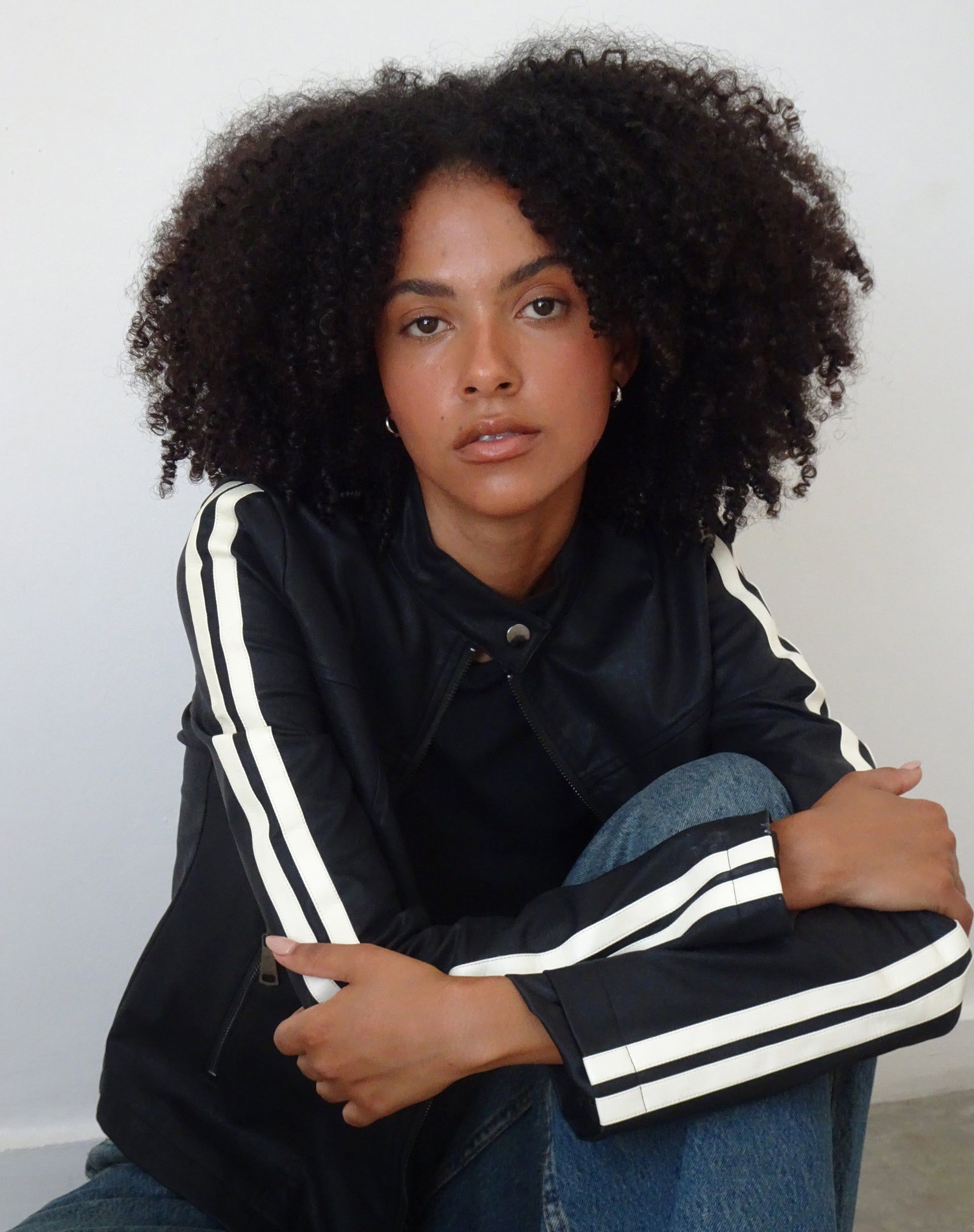 MOTEL X JACQUIE Jacquie Zip Up Biker Jacket in PU Black with White Stripe sold by Motel Rocks
