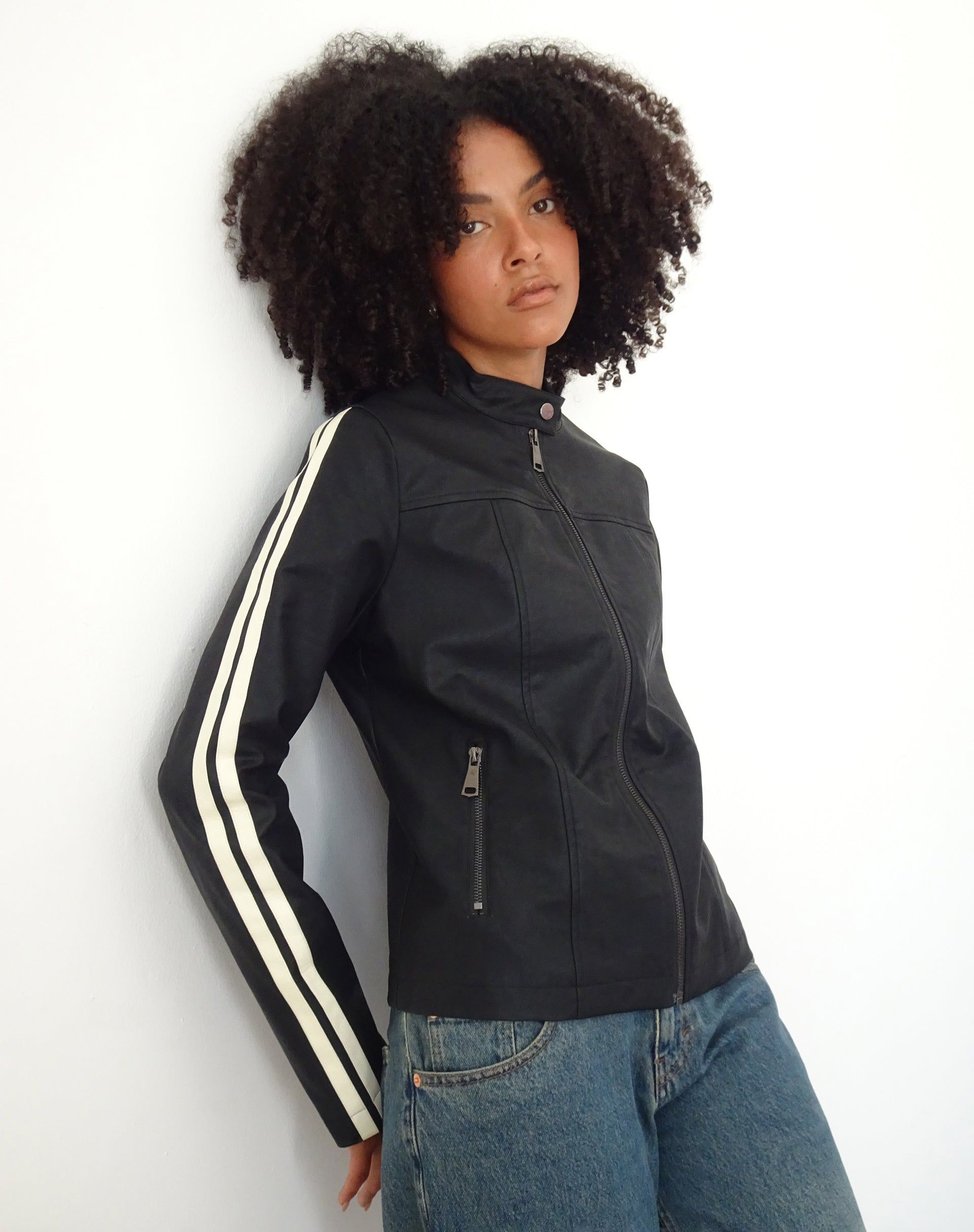 MOTEL X JACQUIE Jacquie Zip Up Biker Jacket in PU Black with White Stripe sold by Motel Rocks product image thumbnail 3