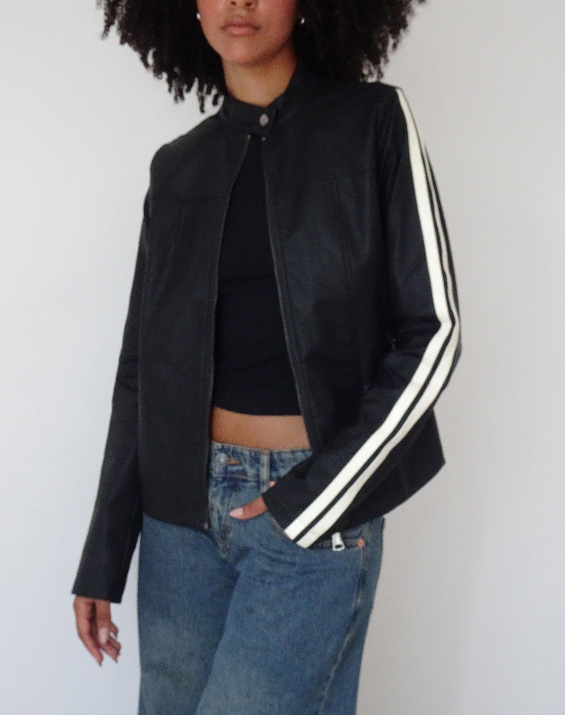 MOTEL X JACQUIE Jacquie Zip Up Biker Jacket in PU Black with White Stripe sold by Motel Rocks product image thumbnail 2