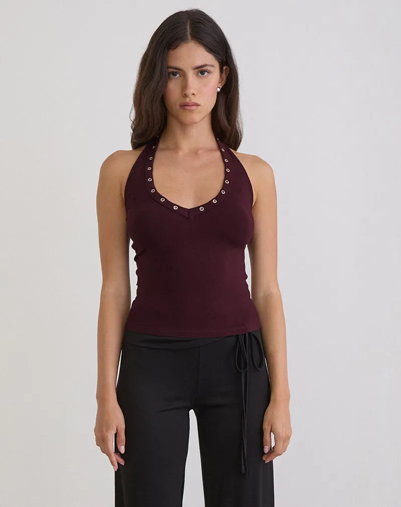 Jugo Halterneck Top in Redwood with Eyelets sold by Motel Rocks