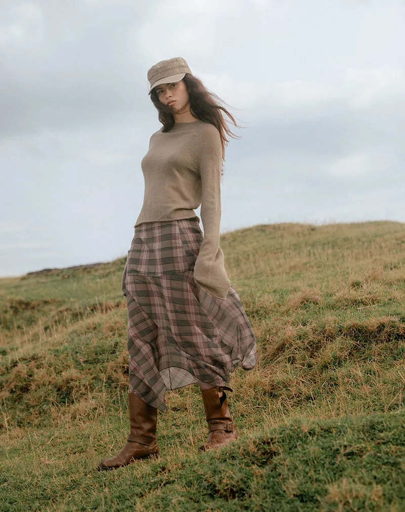 Sedra Midi Skirt in Brown and Pink Blurry Check sold by Motel Rocks
