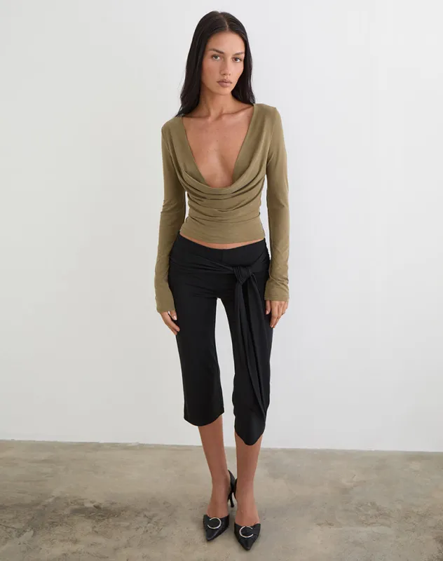 Adaya Long Sleeve Cowl Top in Cupro Olive Stone sold by Motel Rocks