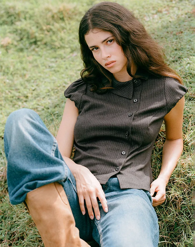 Telese Asymmetric Shirt in Dusky Pinstripe Grey sold by Motel Rocks