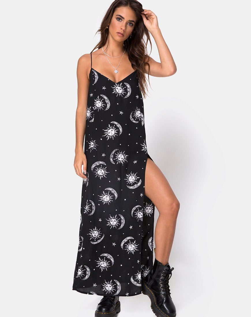 Batis Maxi Dress in Sun Moon Stars BW sold by Motel Rocks