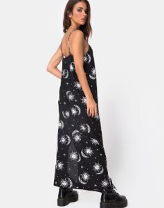 Batis Maxi Dress in Sun Moon Stars BW sold by Motel Rocks