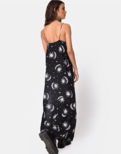 Batis Maxi Dress in Sun Moon Stars BW sold by Motel Rocks