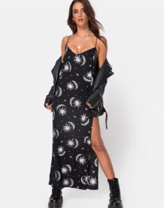 Batis Maxi Dress in Sun Moon Stars BW sold by Motel Rocks