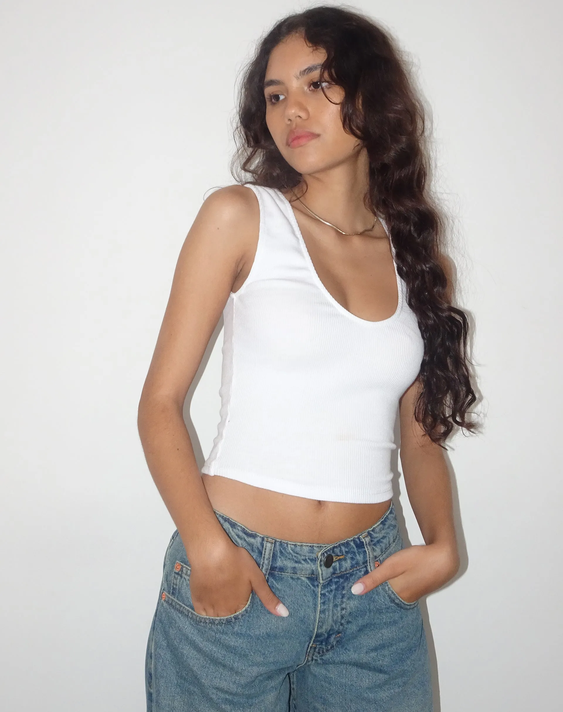 Jastio Vest Top in White Ribbed Jersey sold by Motel Rocks