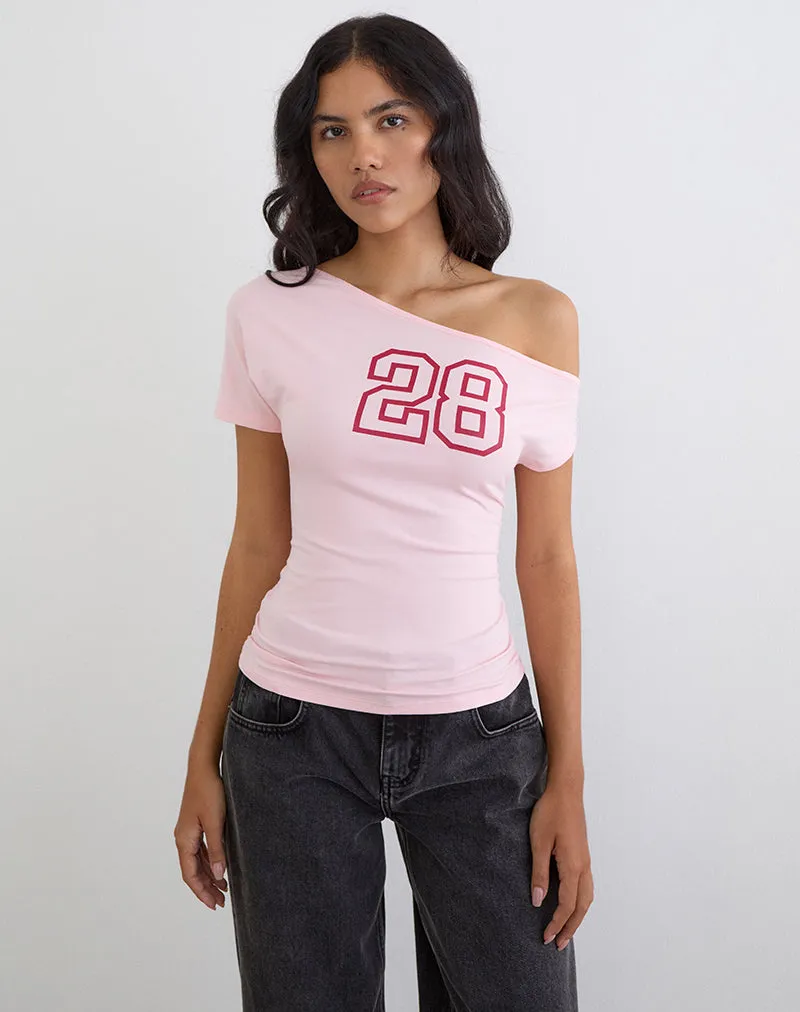 Danama One Shoulder Top in Rayon Jersey Light Pink with '28' Graphic sold by Motel Rocks