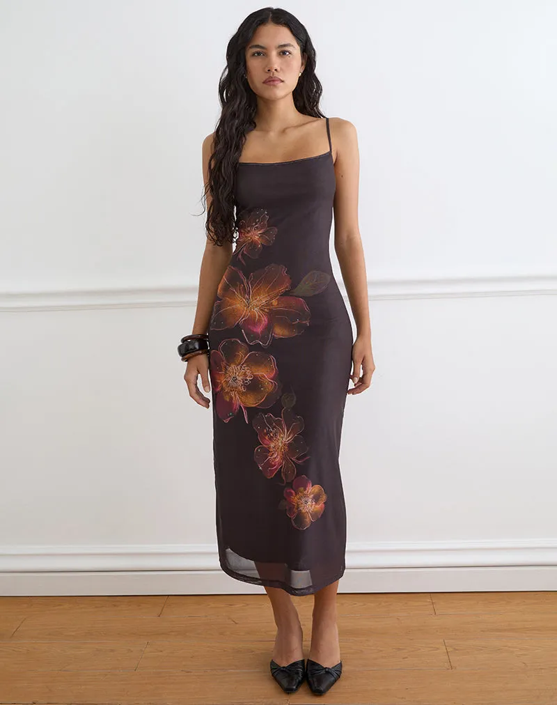 Nori Midi Dress in Brown with Orange Vibrant Lotus Print sold by Motel Rocks product image thumbnail 3