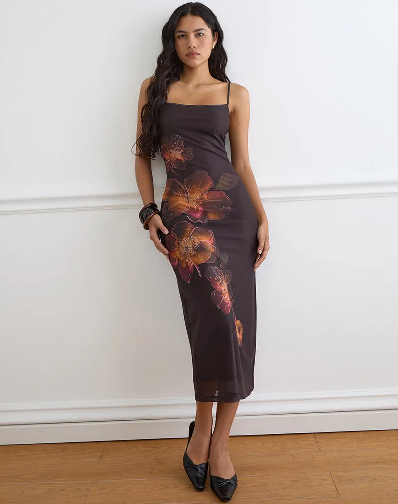 Nori Midi Dress in Brown with Orange Vibrant Lotus Print sold by Motel Rocks