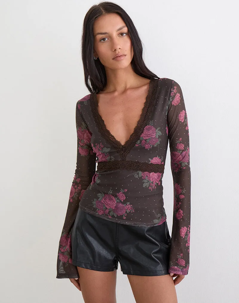 Yudo Top in Brown with Pink Polka Dots and Roses Print sold by Motel Rocks product image thumbnail 5