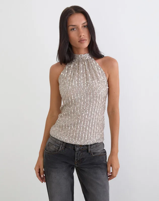 Beyi Halterneck Top in Chiffon Sequin Nude made by Motel Rocks