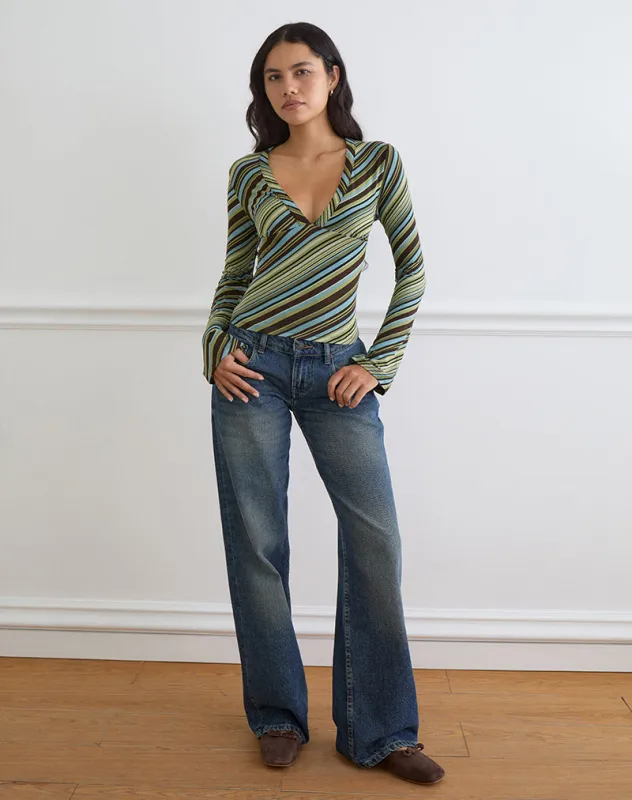 Emesy Long Sleeve Top in Mixed Stripe Green made by Motel Rocks