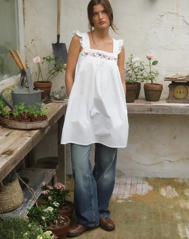 Sanaly Mini Dress in Poplin White with Cherry Blossom Embroidery made by Motel Rocks