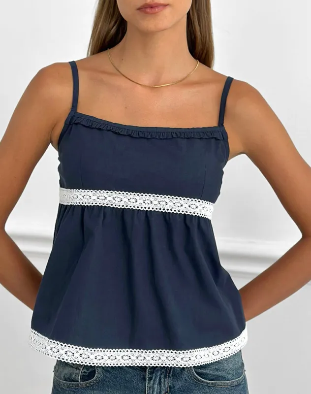 Evren Cami Top in Dark Navy with Lace Trim made by Motel Rocks
