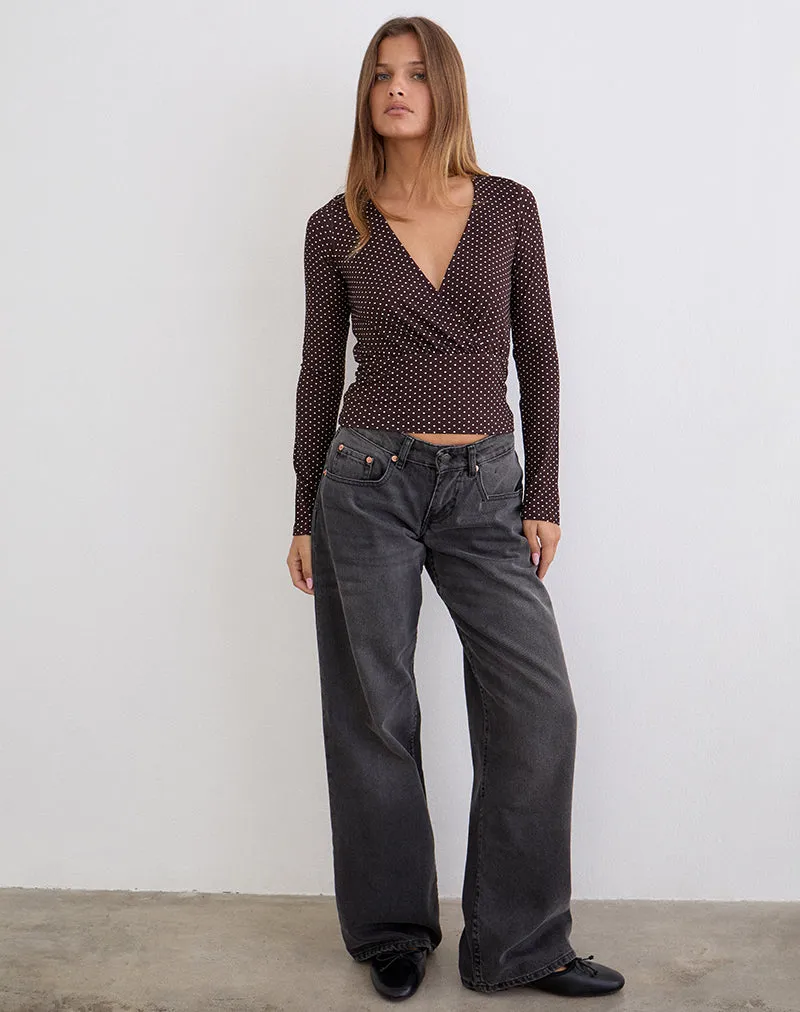 Sheon Long Sleeve Top in Rayon Jersey Brown with Micro Polka Print sold by Motel Rocks product image thumbnail 3