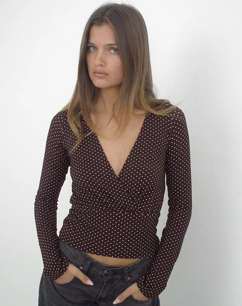 Sheon Long Sleeve Top in Rayon Jersey Brown with Micro Polka Print sold by Motel Rocks product image thumbnail 2