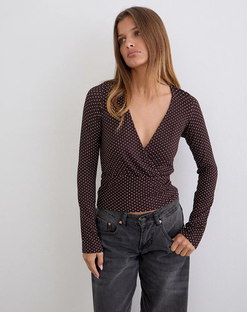 Sheon Long Sleeve Top in Rayon Jersey Brown with Micro Polka Print sold by Motel Rocks product image thumbnail 5