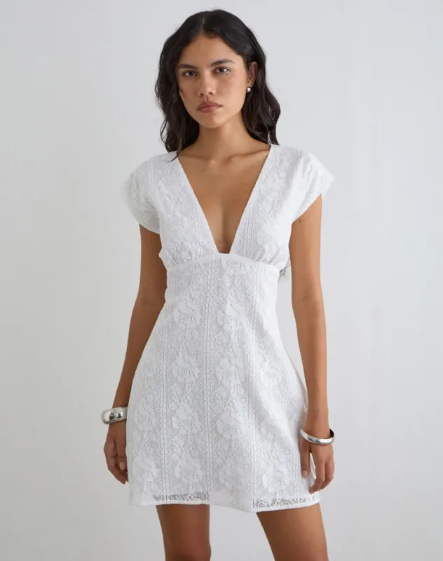 Yenna Plunge Mini Dress in Floral Lace White made by Motel Rocks