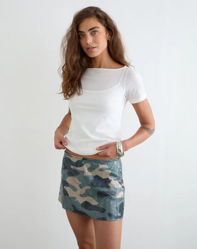 Nidya Mini Skirt in Camo Sequin Khaki Green made by Motel Rocks