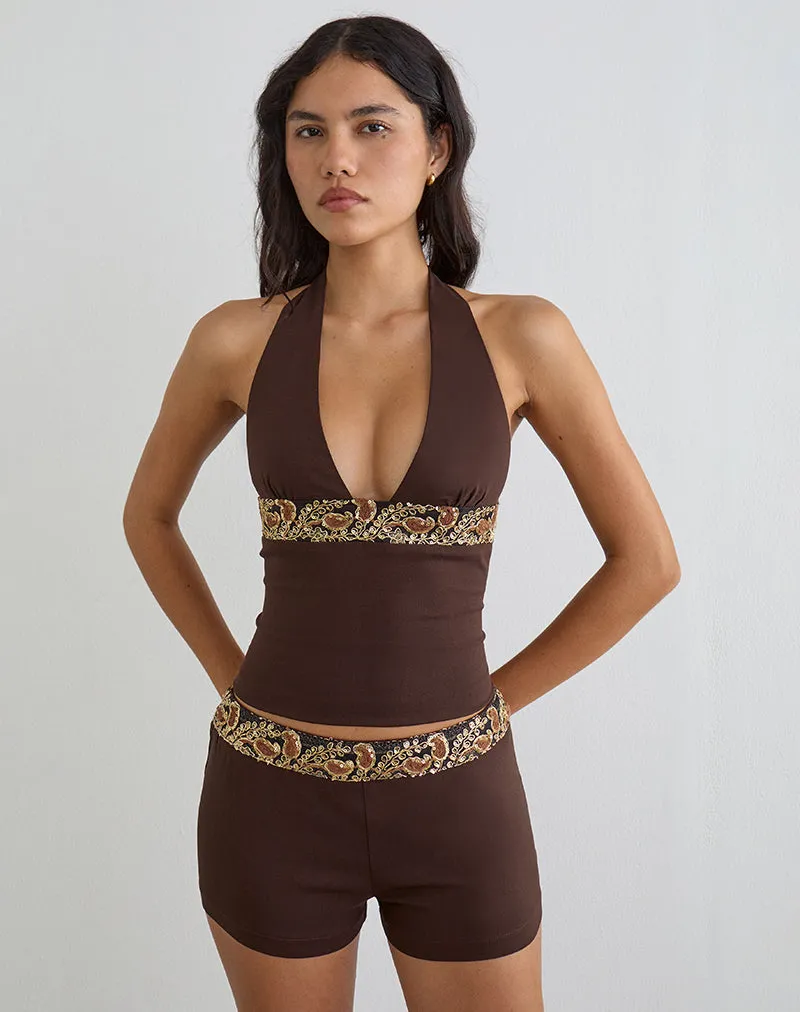 Belvani Mini Short in Brown with Embroidered Sequin Trim sold by Motel Rocks product image thumbnail 3