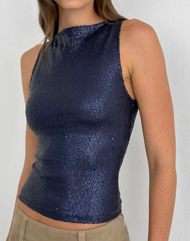 Dudley Vest Top in Drape Sequin Navy made by Motel Rocks