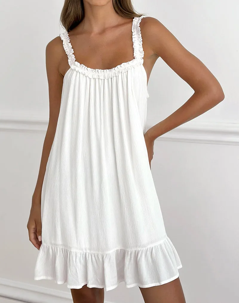 Elowen Frill Mini Dress in Crinkle Off White sold by Motel Rocks