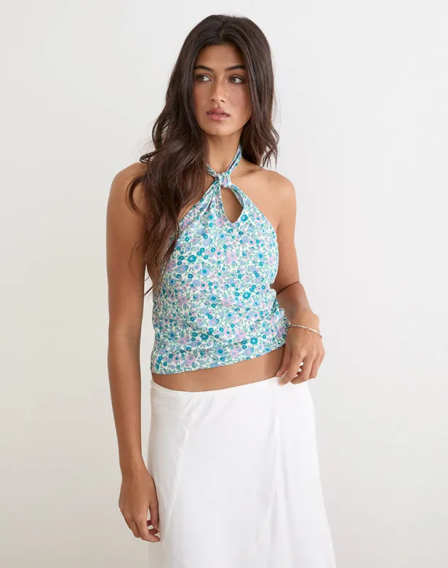 Giulia Knot Halterneck Top in Flower Power Blue made by Motel Rocks