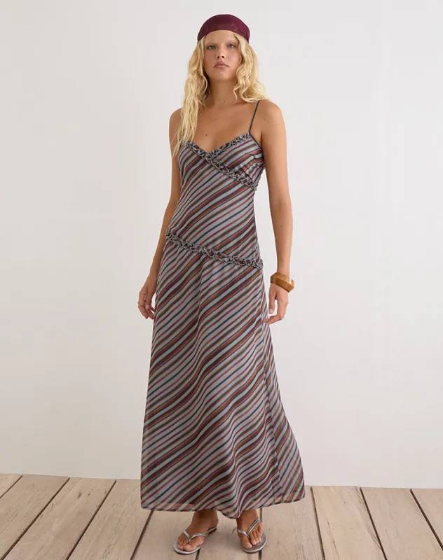 Angie Maxi Dress in Chiffon Grey and Maroon Diagonal Stripe made by Motel Rocks