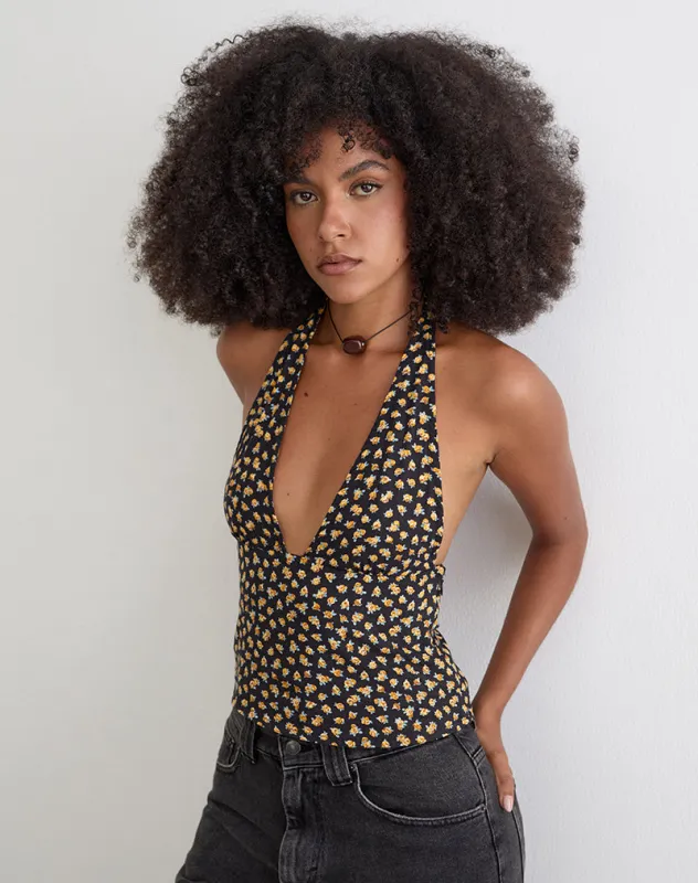 Marsina Halterneck Top in Ditsy Floral Bronze made by Motel Rocks