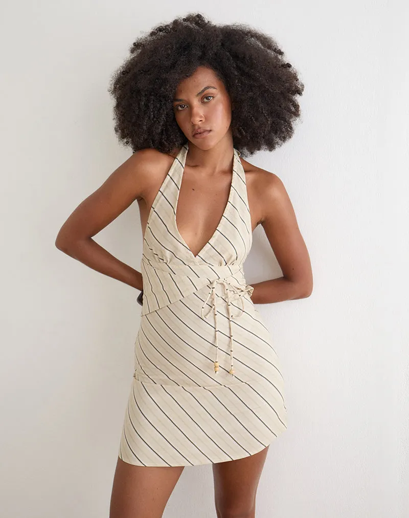 Mayeira Halterneck Mini Dress in Tilt Lines Beige sold by Motel Rocks product image thumbnail 2