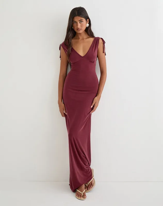 Sanyu Plunge Maxi Dress in Cupro Burgundy made by Motel Rocks