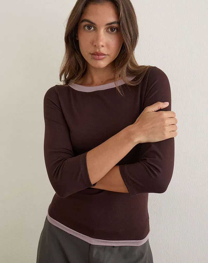 Yones Quarter Sleeve Top in Bitter Chocolate with Grey Lavender Trim sold by Motel Rocks product image thumbnail 5