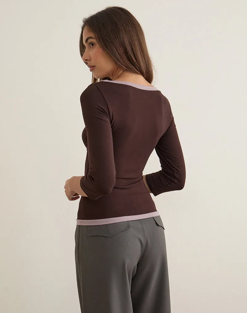 Yones Quarter Sleeve Top in Bitter Chocolate with Grey Lavender Trim sold by Motel Rocks product image thumbnail 4