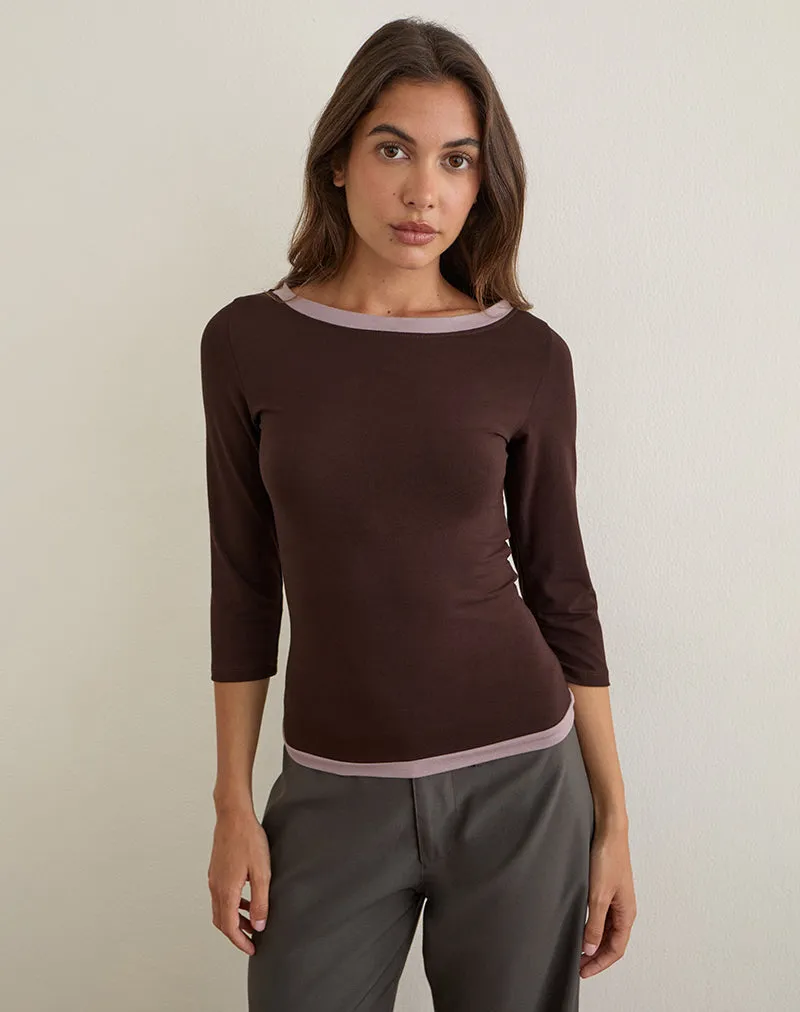 Yones Quarter Sleeve Top in Bitter Chocolate with Grey Lavender Trim sold by Motel Rocks product image thumbnail 3